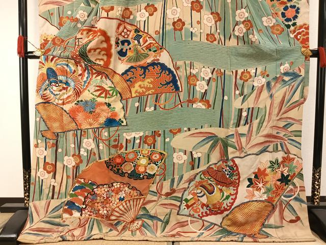 平和屋本店●アンティーク　大正ロマン　振袖　駒刺繍　扇面花文　金糸　金銀彩　正絹　逸品　AABH5195fy