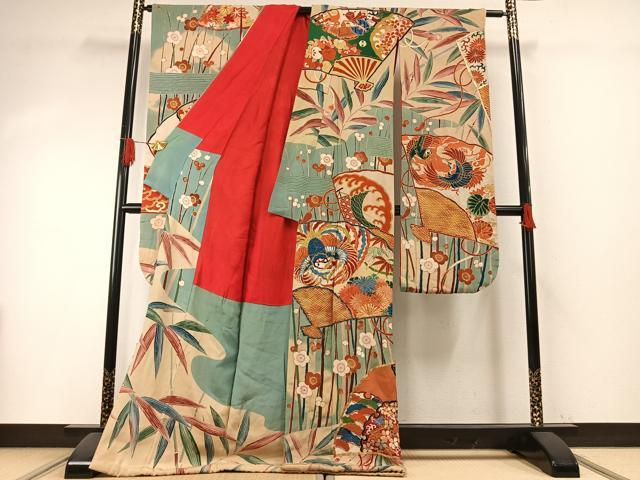 平和屋本店●アンティーク　大正ロマン　振袖　駒刺繍　扇面花文　金糸　金銀彩　正絹　逸品　AABH5195fy