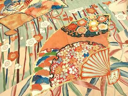 平和屋本店●アンティーク　大正ロマン　振袖　駒刺繍　扇面花文　金糸　金銀彩　正絹　逸品　AABH5195fy