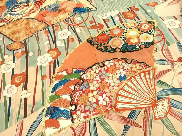 平和屋本店●アンティーク　大正ロマン　振袖　駒刺繍　扇面花文　金糸　金銀彩　正絹　逸品　AABH5195fy