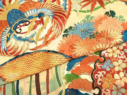 平和屋本店●アンティーク　大正ロマン　振袖　駒刺繍　扇面花文　金糸　金銀彩　正絹　逸品　AABH5195fy