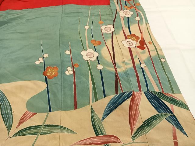 平和屋本店●アンティーク　大正ロマン　振袖　駒刺繍　扇面花文　金糸　金銀彩　正絹　逸品　AABH5195fy