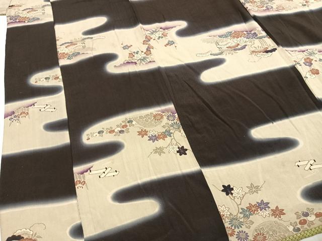 平和屋着物●アンティーク　大正ロマン　小紋　松竹梅　暈し染め　黒地　正絹　逸品　AABH5196fy