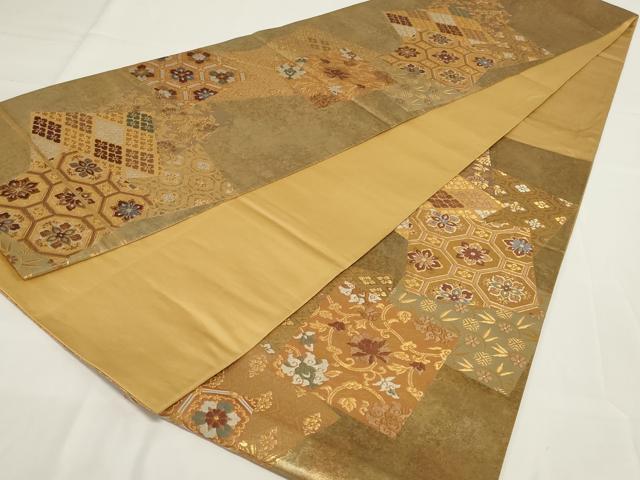 平和屋着物◎六通柄袋帯　古代裂色紙文　金糸　引箔　正絹　逸品　AABH5208ou