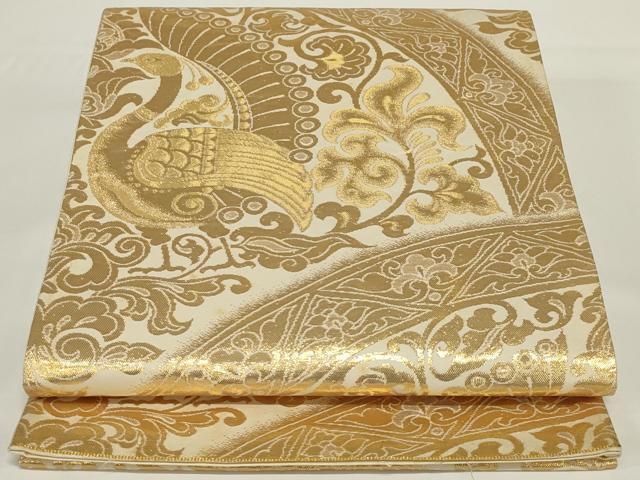 平和屋着物◎六通柄袋帯　孔雀花文　金糸　正絹　逸品　AABH5210ou