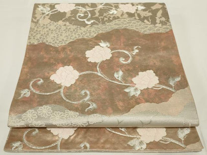 平和屋着物◎六通柄袋帯　霞取り花唐草文　銀糸　正絹　逸品　AABH5217ou