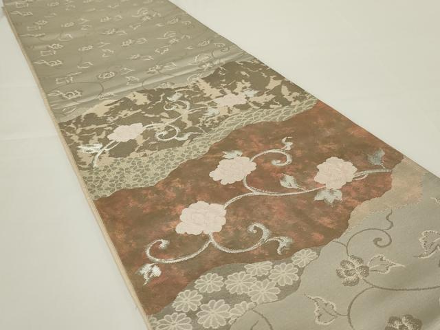 平和屋着物◎六通柄袋帯　霞取り花唐草文　銀糸　正絹　逸品　AABH5217ou