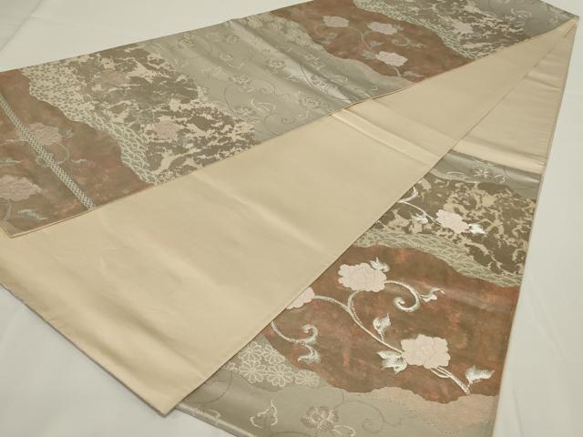 平和屋着物◎六通柄袋帯　霞取り花唐草文　銀糸　正絹　逸品　AABH5217ou