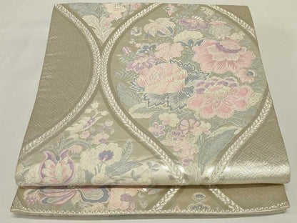 平和屋着物◎六通柄袋帯　立涌更紗花文　銀糸　正絹　逸品　AABH5218ou