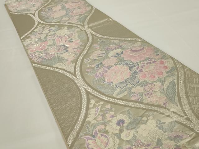 平和屋着物◎六通柄袋帯　立涌更紗花文　銀糸　正絹　逸品　AABH5218ou