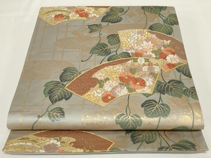 平和屋着物◎六通柄袋帯　地紙花文　金糸　正絹　逸品　AABH5229ou