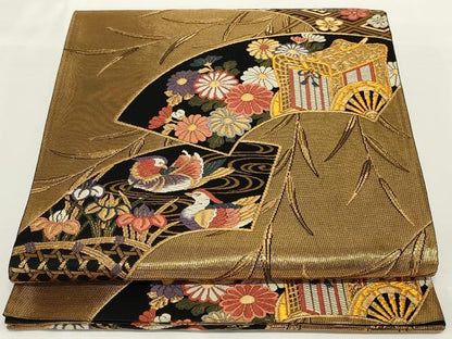 平和屋着物◎六通柄袋帯　地紙花鳥文　黒地　銀糸　正絹　逸品　AABH5231ou