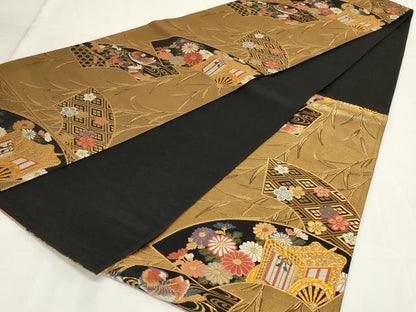 平和屋着物◎六通柄袋帯　地紙花鳥文　黒地　銀糸　正絹　逸品　AABH5231ou