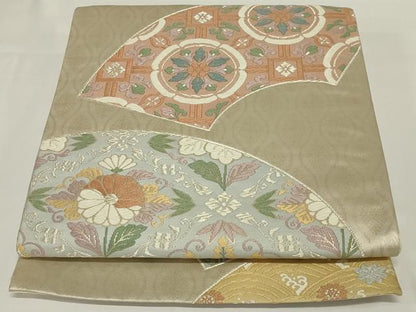 平和屋着物◎六通柄袋帯　唐織　地紙吉祥花文　銀糸　正絹　逸品　AABH5233ou