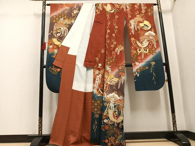 平和屋着物●豪華振袖　草花舞蝶文　暈し染め　金彩　正絹　逸品　AABH5241ph