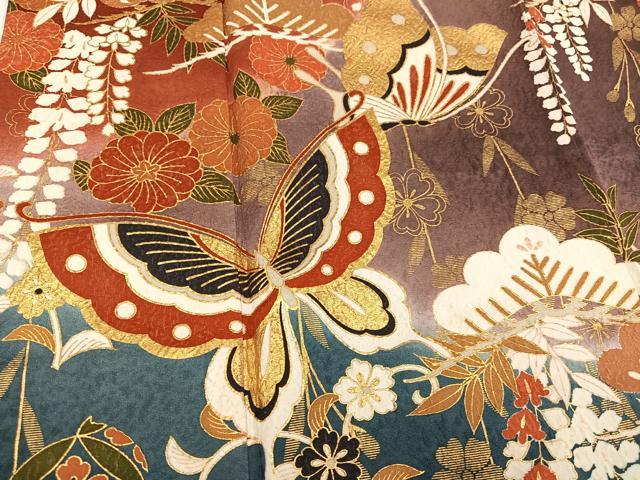 平和屋着物○豪華振袖 草花舞蝶文 暈し染め 金彩 正絹 逸品