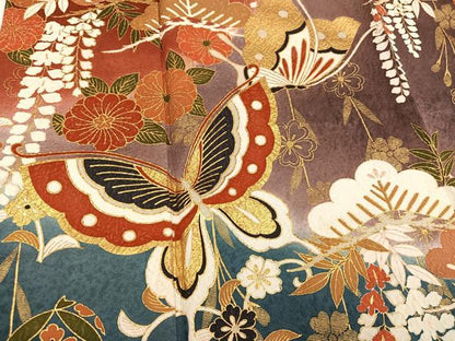 平和屋着物●豪華振袖　草花舞蝶文　暈し染め　金彩　正絹　逸品　AABH5241ph