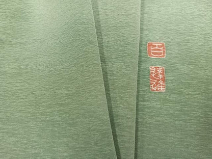 平和屋着物●京加賀友禅　百貫達雄　色無地　山葵色　正絹　逸品　未使用　AABH5243ph