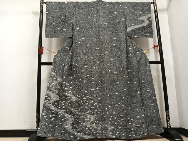 平和屋着物●訪問着　松竹梅文　たたき染め　黒地　金銀彩　正絹　逸品　AABH5251ph 平和屋着物○訪問着 松竹梅文 たたき染め 黒地 金銀彩 正絹 逸品