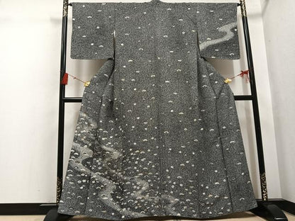 平和屋着物●訪問着　松竹梅文　たたき染め　黒地　金銀彩　正絹　逸品　AABH5251ph