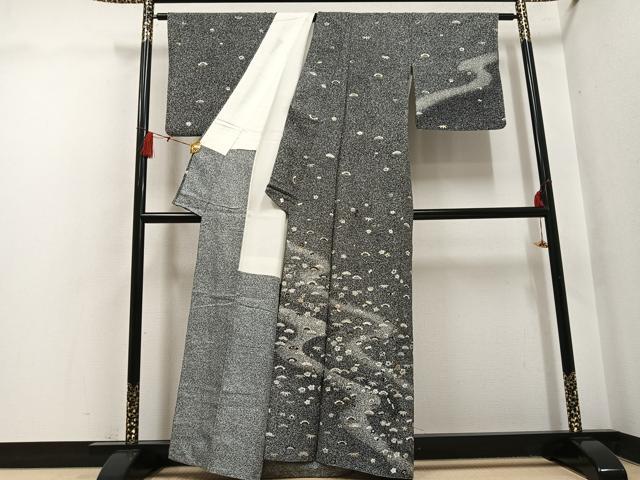 平和屋着物○訪問着 松竹梅文 たたき染め 黒地 金銀彩 正絹 逸品