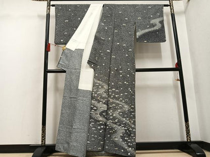 平和屋着物●訪問着　松竹梅文　たたき染め　黒地　金銀彩　正絹　逸品　AABH5251ph