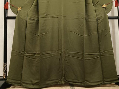 平和屋着物●小振袖　二尺袖　色無地　海松色　正絹　逸品　AABH5258ph