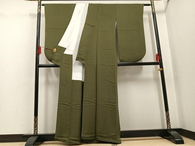 平和屋着物○小振袖 二尺袖 色無地 海松色 正絹 逸品 AABH5258ph