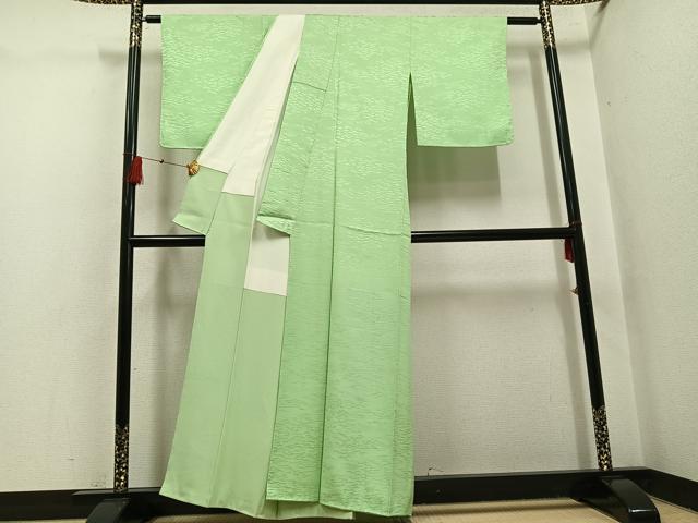 平和屋着物●上質な色無地　松芝地紋　柳色　正絹　逸品　AABH5266ph