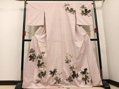 平和屋着物●素描友禅作家　阿部正　訪問着　手描き　ぜんまい紬地　草花文　正絹　逸品　AABH5277ph