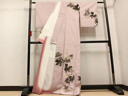 平和屋着物●素描友禅作家　阿部正　訪問着　手描き　ぜんまい紬地　草花文　正絹　逸品　AABH5277ph