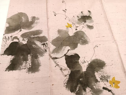 平和屋着物●素描友禅作家　阿部正　訪問着　手描き　ぜんまい紬地　草花文　正絹　逸品　AABH5277ph