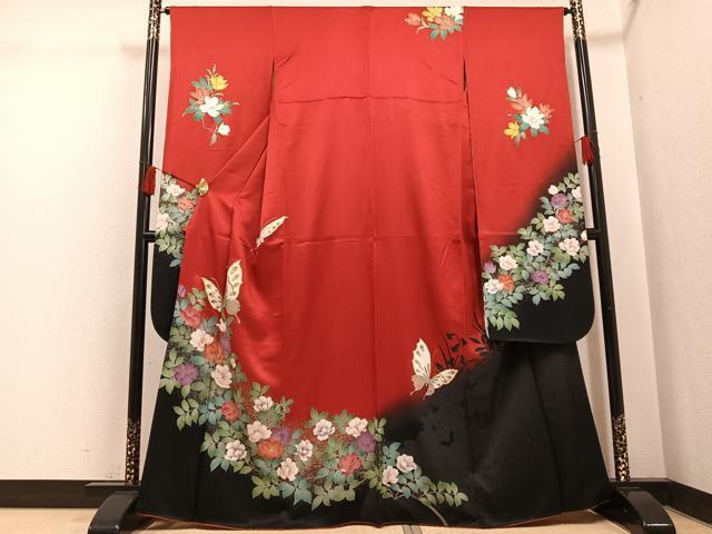 平和屋着物●豪華振袖　駒刺繍　花蝶文　暈し染め　金銀彩　正絹　逸品　AABH5279ph