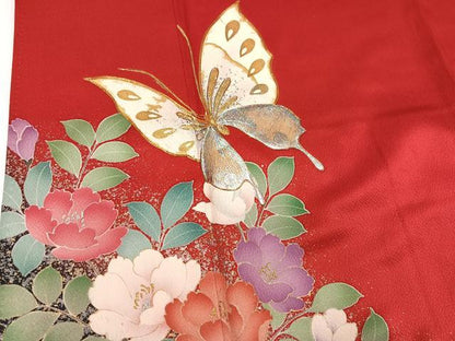 平和屋着物●豪華振袖　駒刺繍　花蝶文　暈し染め　金銀彩　正絹　逸品　AABH5279ph