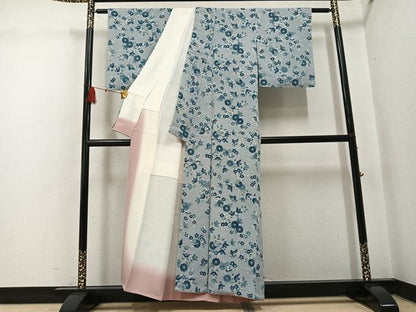 平和屋着物●上質な小紋　藍　紅型　花蝶文　西武百貨店扱い　正絹　逸品　未使用　AABH5288ph