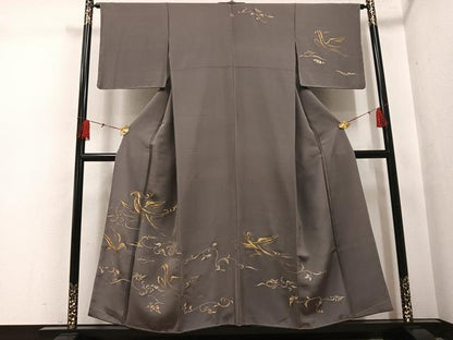 平和屋着物●訪問着　手描き　駒刺繍　飛鳥草花文　金彩　正絹　逸品　未使用　AABH5293ph