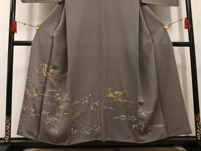 平和屋着物●訪問着　手描き　駒刺繍　飛鳥草花文　金彩　正絹　逸品　未使用　AABH5293ph