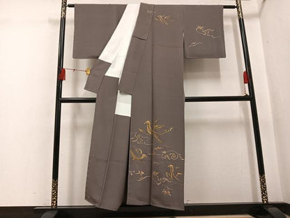 平和屋着物●訪問着　手描き　駒刺繍　飛鳥草花文　金彩　正絹　逸品　未使用　AABH5293ph