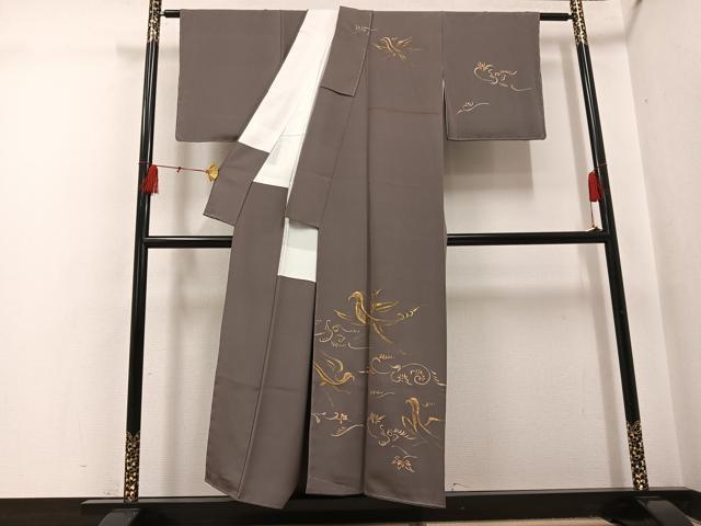 平和屋着物●訪問着　手描き　駒刺繍　飛鳥草花文　金彩　正絹　逸品　未使用　AABH5293ph