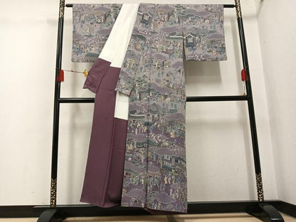 平和屋着物●日本画家　霜鳥忍の世界　彩天目織　お召　訪問着　彩り天目織　人物風景文　正絹　逸品　AABH5305ph