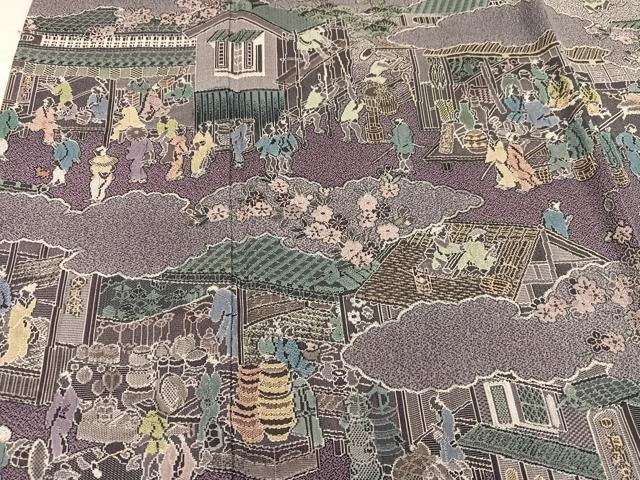 平和屋着物●日本画家　霜鳥忍の世界　彩天目織　お召　訪問着　彩り天目織　人物風景文　正絹　逸品　AABH5305ph 平和屋着物○日本画家 霜鳥忍の世界 彩天目織 お召 訪問着 彩り天目織