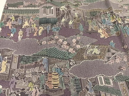 平和屋着物●日本画家　霜鳥忍の世界　彩天目織　お召　訪問着　彩り天目織　人物風景文　正絹　逸品　AABH5305ph