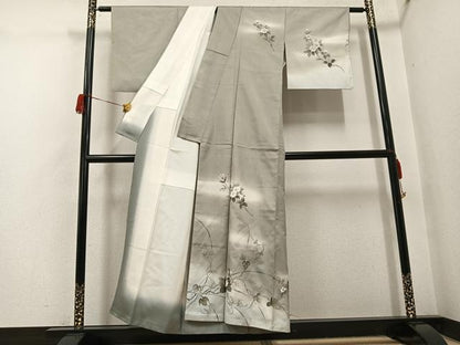 平和屋着物●訪問着　紬地　手描き　枝花文　暈し染め　金彩　正絹　逸品　AABH5307ph