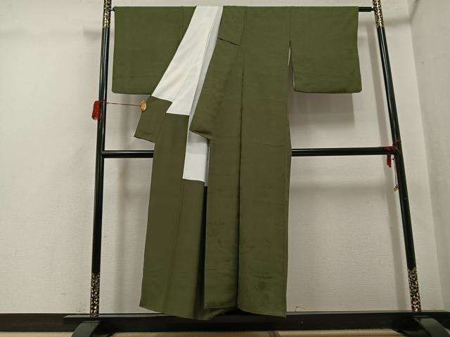 平和屋着物●上質な色無地　風景草木地紋　海松色　正絹　逸品　AABH5315ph
