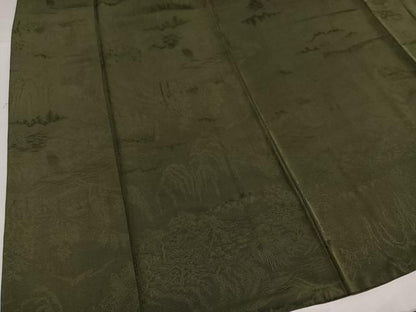 平和屋着物●上質な色無地　風景草木地紋　海松色　正絹　逸品　AABH5315ph