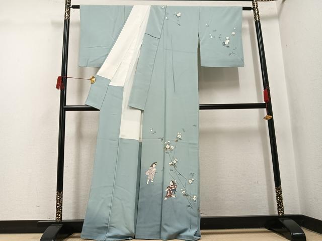 平和屋着物●訪問着　友禅　作家物　童子枝花文　暈し染め　正絹　逸品　AABH5346ph 平和屋着物□訪問着 友禅 手描き 枝花文 童子 暈し染め 正絹 逸品