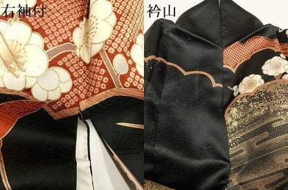 平和屋着物●豪華振袖　駒刺繍　群鶴梅文　黒地　金彩　正絹　逸品　AABH5347ph