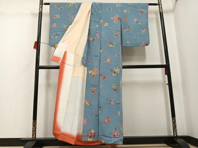 平和屋着物●上質な小紋　紅型　花鳥文　鬼しぼ縮緬　正絹　逸品　AABH5362ph 平和屋着物▽上質な小紋 単衣 型染め 風景花文 鬼しぼ縮緬 やまと誂製