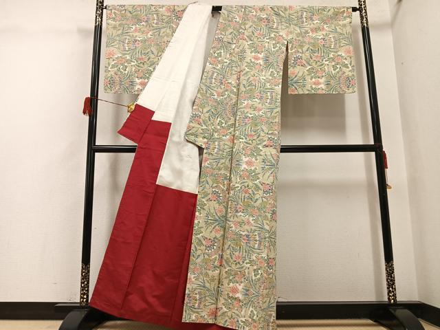 平和屋着物●小千谷紬　草花文　正絹　逸品　AABH5373ph
