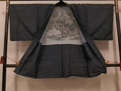 平和屋着物●男性　お召　アンサンブル　120亀甲　正絹　逸品　AABH5377ph